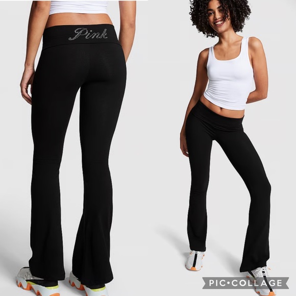 PINK COTTON FOLDOVER FLARE LEGGINGS - Picture 1 of 1